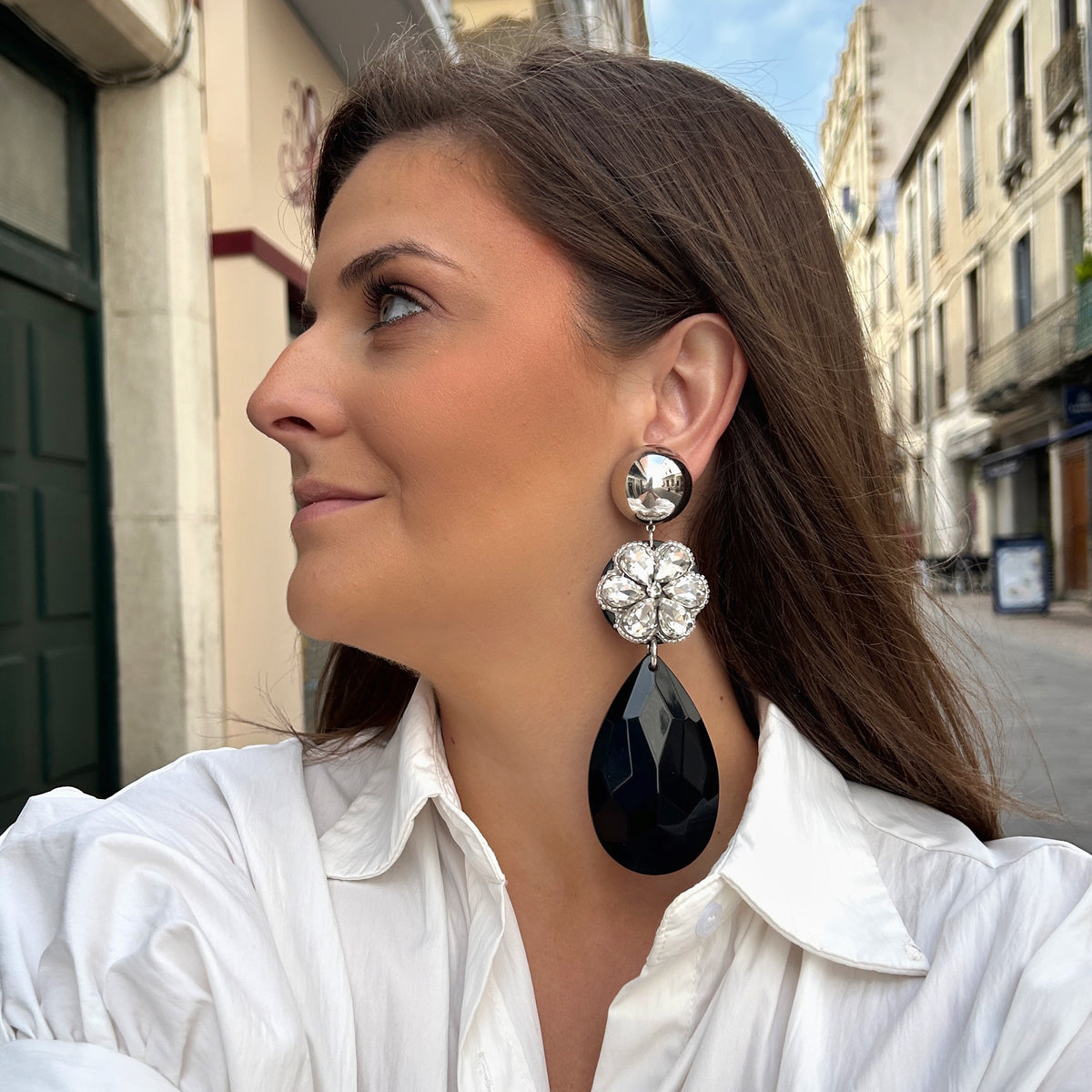 Boucles d’oreilles Phénix Fleur Silver noires et cristaux Francine Bramli Paris
