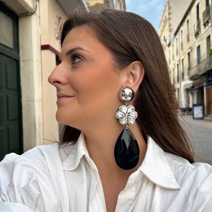 Boucles d’oreilles Phénix Fleur Silver noires et cristaux Francine Bramli Paris

