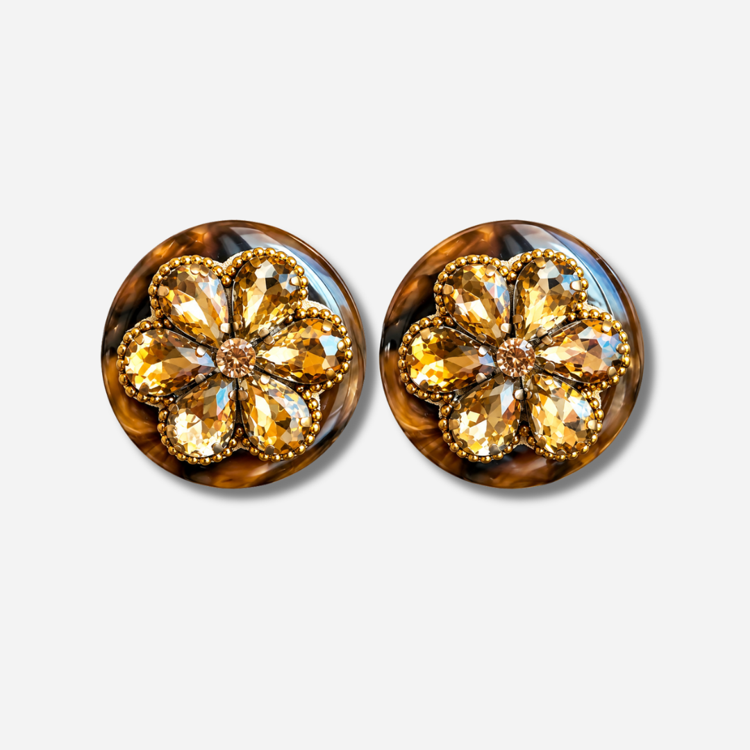 Boucles d’oreilles Rainball Amanda marron à fleur cristaux champagne Francine Bramli Paris
