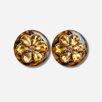 Boucles d’oreilles Rainball Amanda marron à fleur cristaux champagne Francine Bramli Paris
