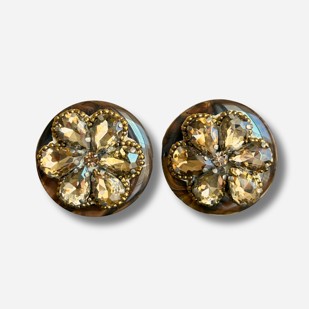 Boucles d’oreilles Rainball Amanda marron à fleur cristaux champagne Francine Bramli Paris
