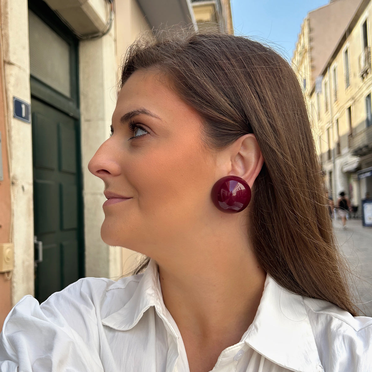 Boucles d’oreilles Rainball bordeaux rondes Francine Bramli Paris
