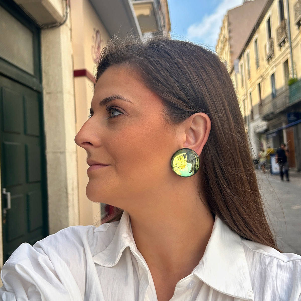 Boucles d’oreilles Rainball Miroir kaki Francine Bramli Paris
