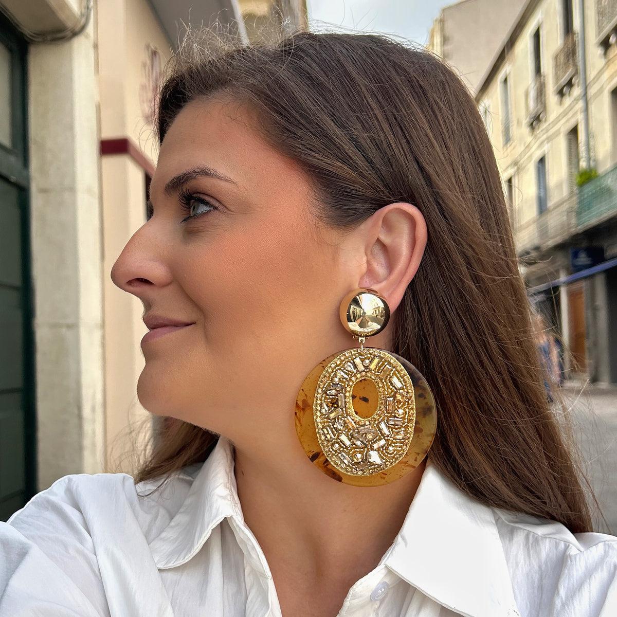 Boucles d’oreilles Rainbow Strass ambre gold Francine Bramli Paris
