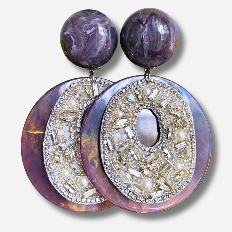 Boucles d’oreilles Rainbow Strass violet oversize Francine Bramli Paris
