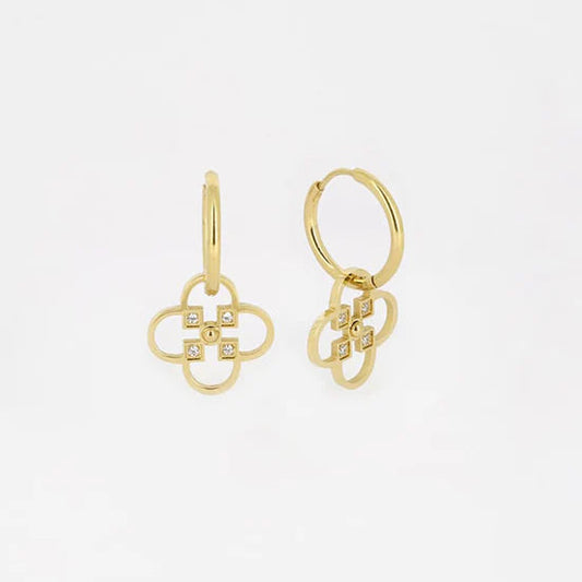 Boucles d’oreilles Rosie ZAG en acier inoxydable doré avec pendentif trèfle ajouré et zirconiums