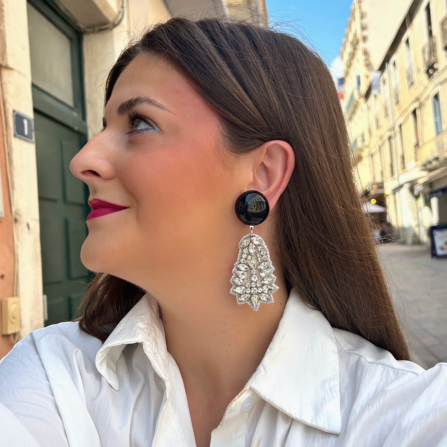 Boucles d’oreilles Sarasa Silver strass Francine Bramli Paris
