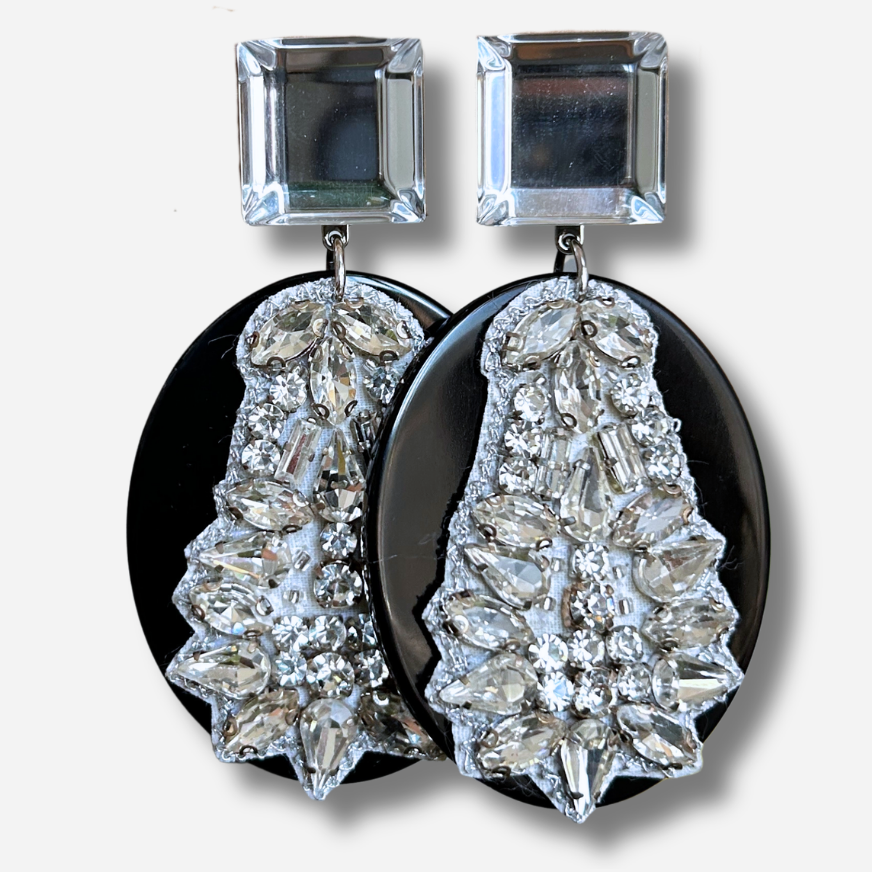Boucles d’oreilles Sarasa Strass silver et noir Francine Bramli Paris
