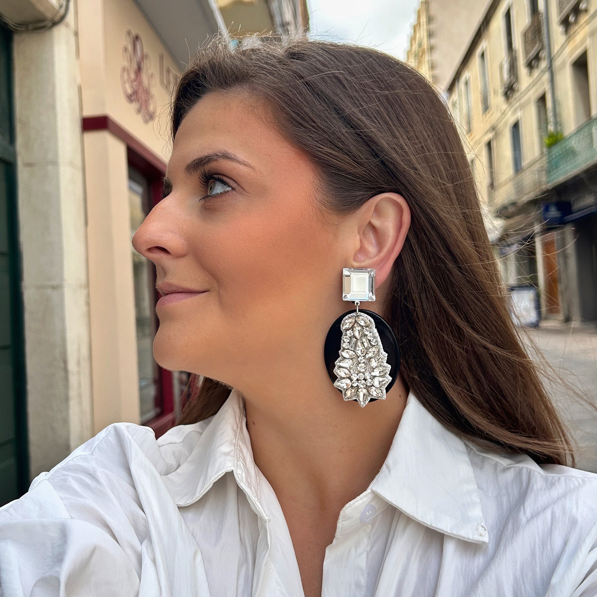 Boucles d’oreilles Sarasa Strass silver et noir Francine Bramli Paris
