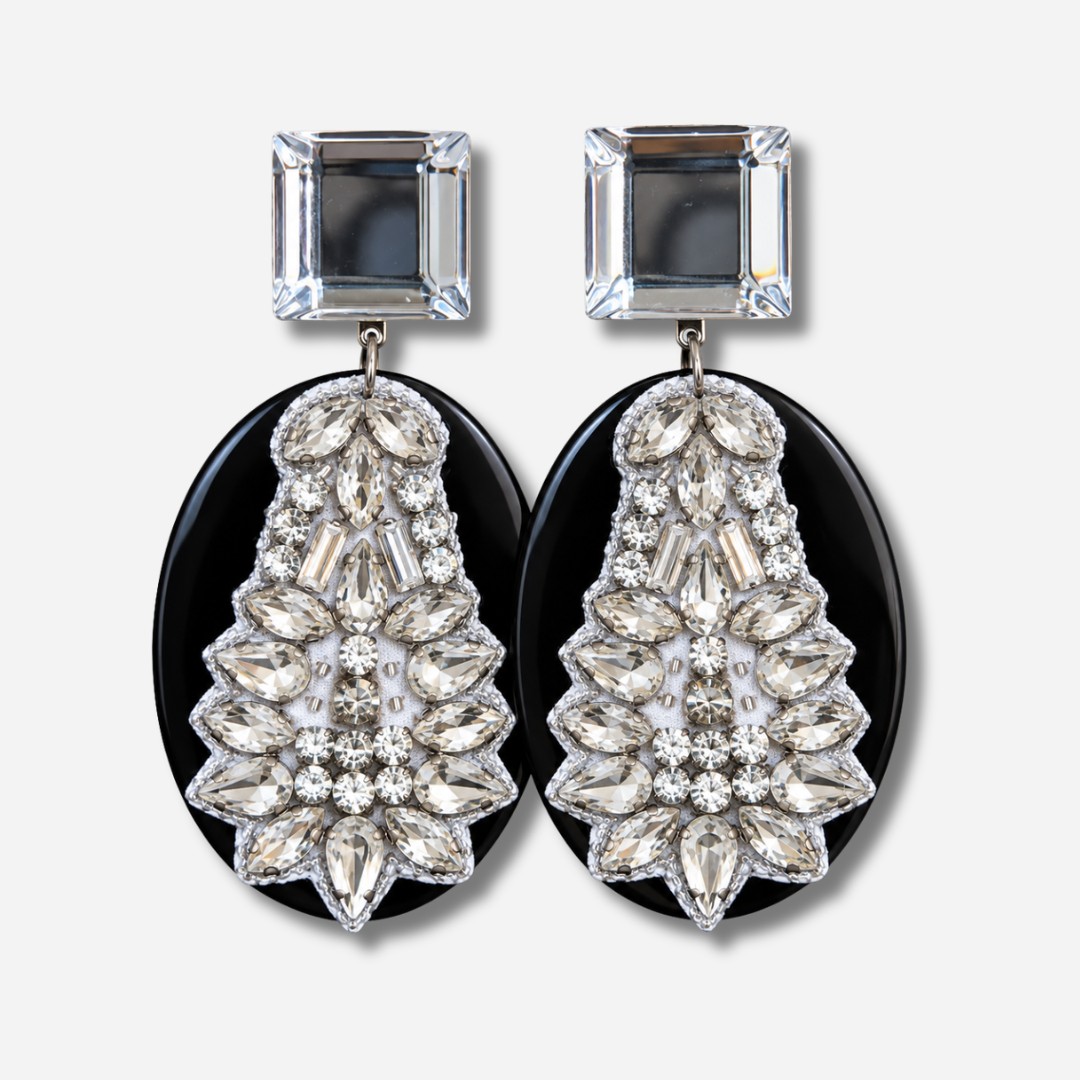 Boucles d’oreilles Sarasa Strass silver et noir Francine Bramli Paris
