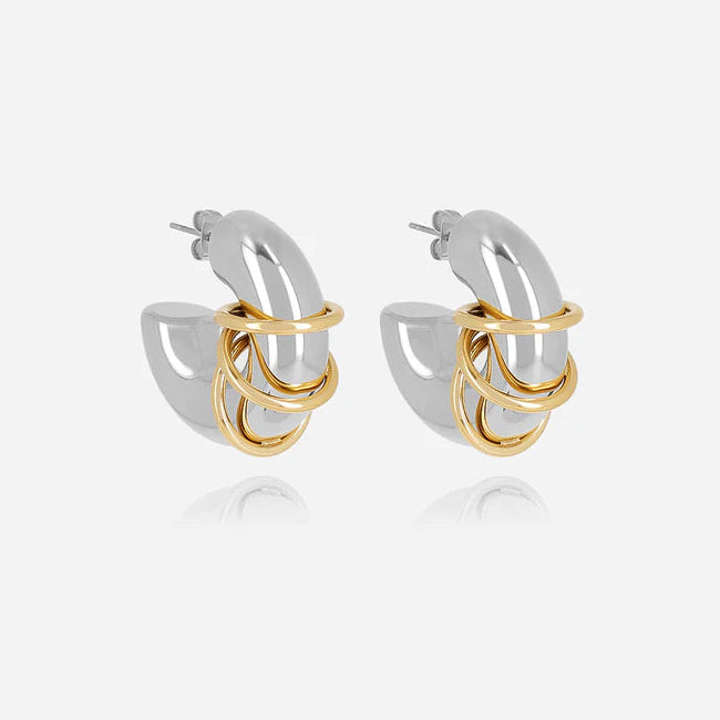 Boucles d’oreilles Sharma ZAG en acier inoxydable bicolore argenté et doré avec anneaux entrelacés