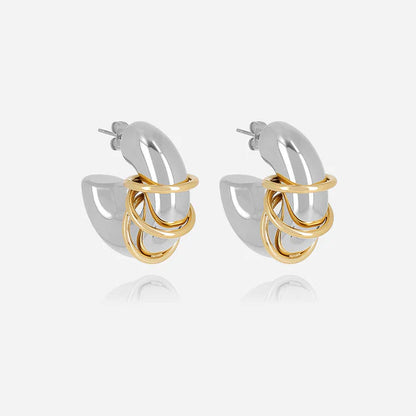 Boucles d’oreilles Sharma ZAG en acier inoxydable bicolore argenté et doré avec anneaux entrelacés