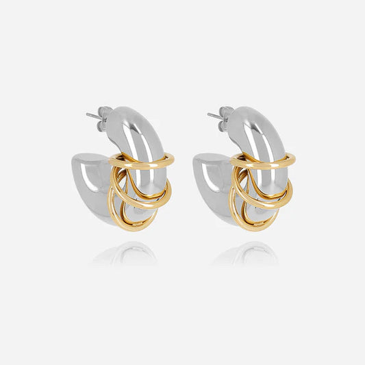 Boucles d’oreilles Sharma ZAG en acier inoxydable bicolore argenté et doré avec anneaux entrelacés