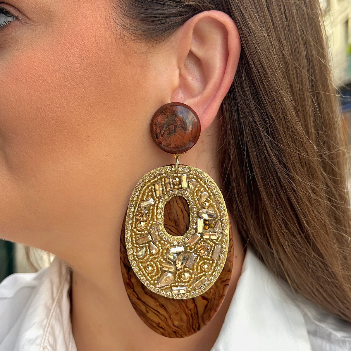 Boucles d’oreilles Solal strass marron gold Francine Bramli Paris
