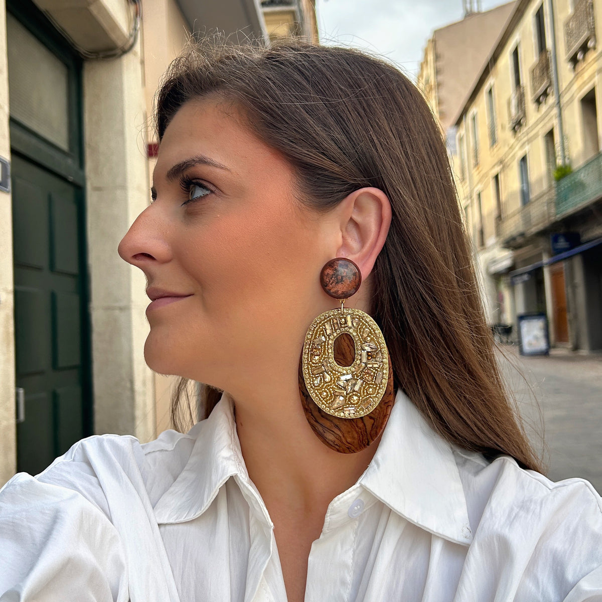 Boucles d’oreilles Solal strass marron gold Francine Bramli Paris
