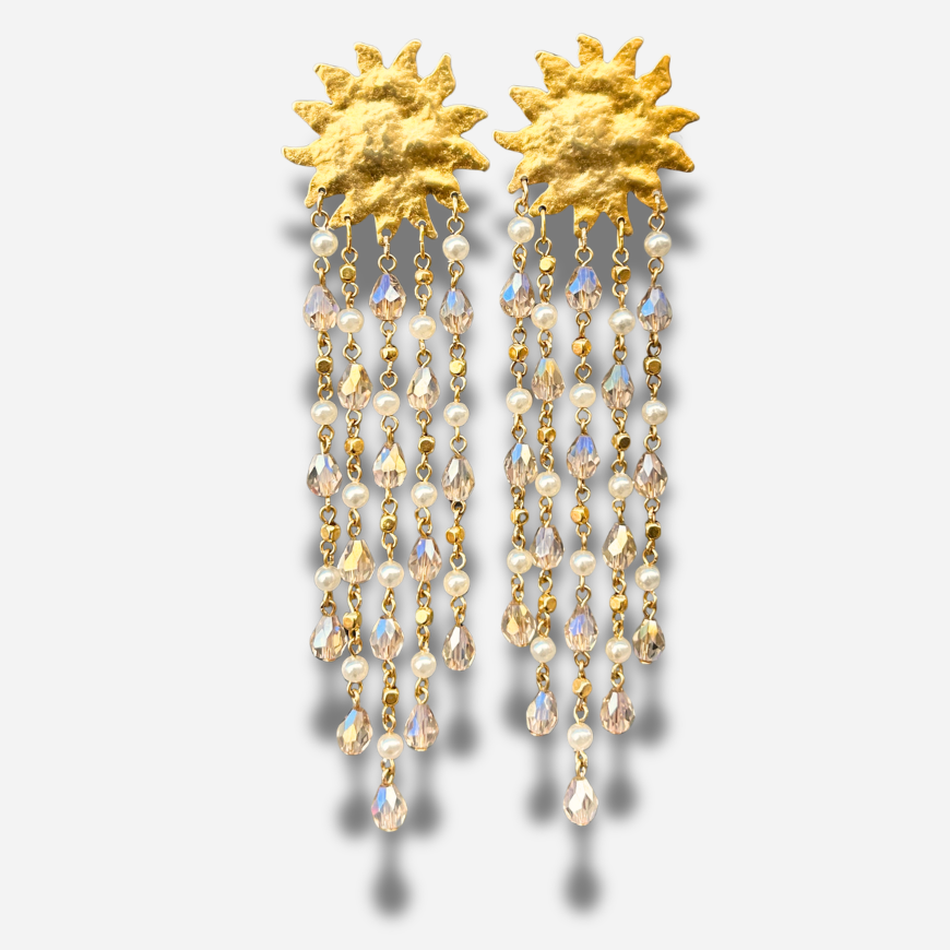 Boucles Soleil XL doré Francine Bramli Paris pampilles longues perles cristaux