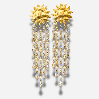 Boucles Soleil XL doré Francine Bramli Paris pampilles longues perles cristaux