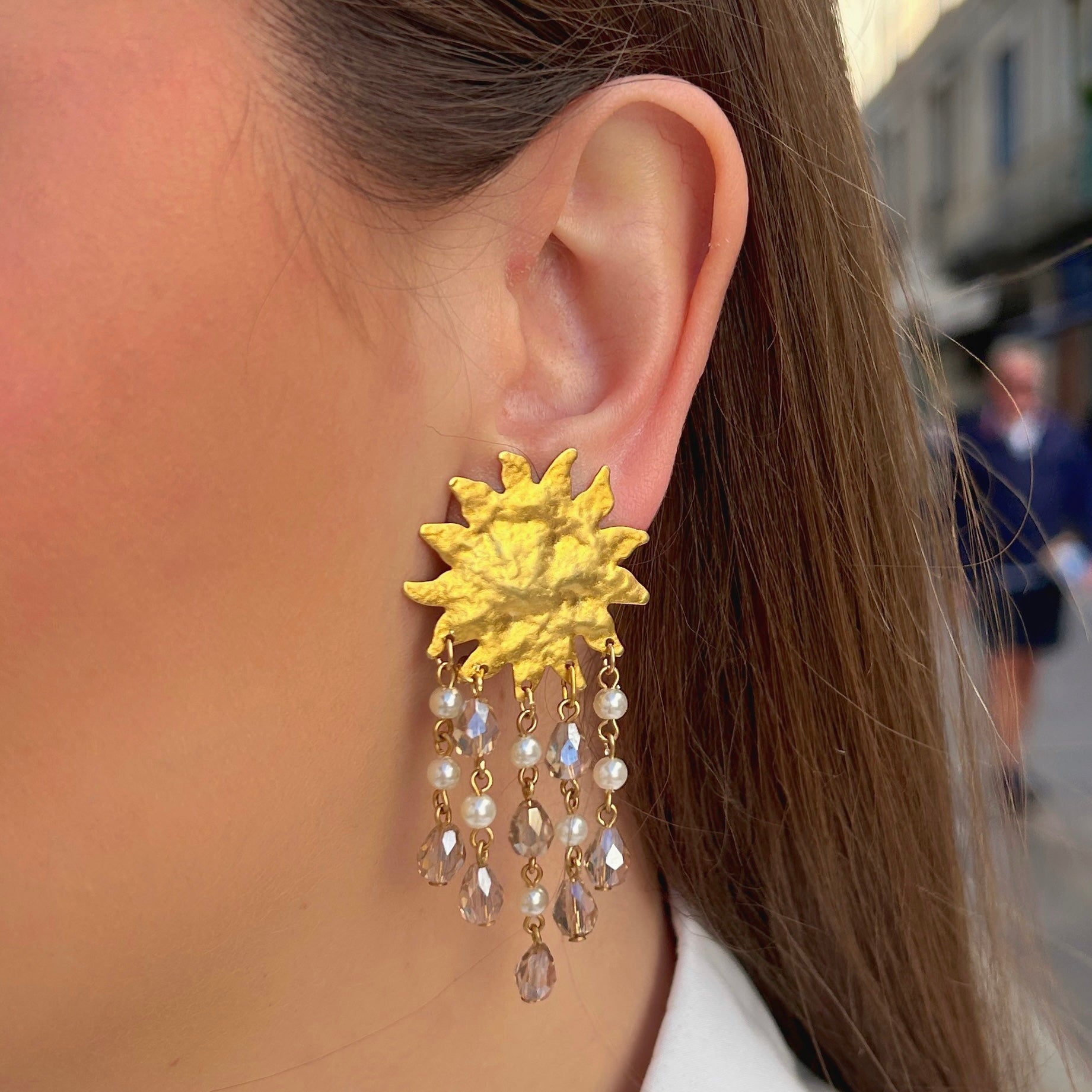 Boucles soleil doré XS pampilles perles Francine Bramli