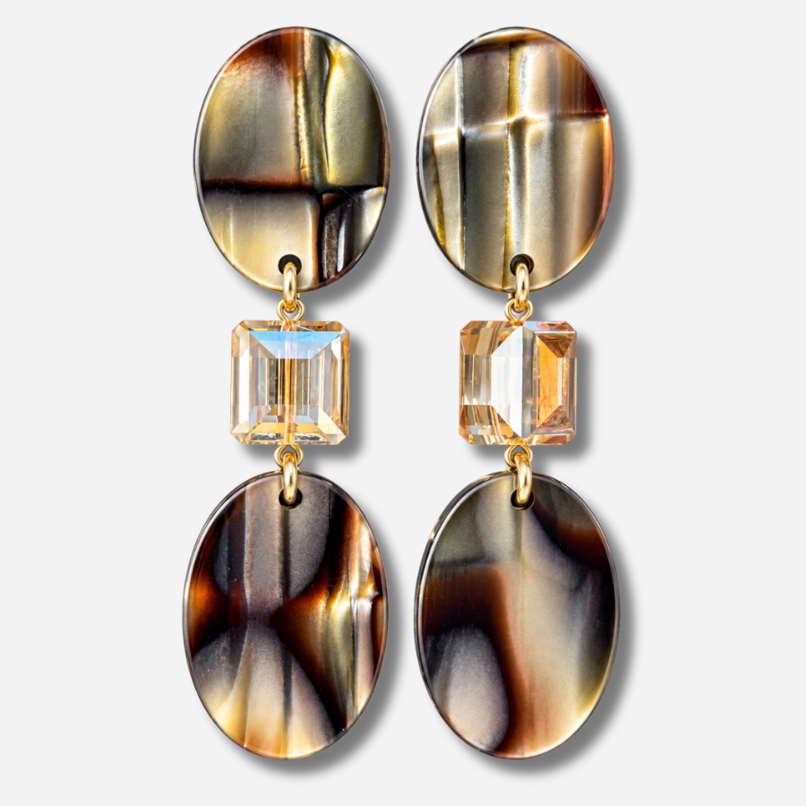 Boucles d’oreilles à clips Solène Onyx Cristal Francine Bramli Paris, ovales marbrés marron noir et cristal champagne.
