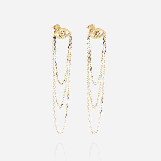 Boucles d’oreilles Spica ZAG en acier inoxydable doré avec œil protecteur et chaînes