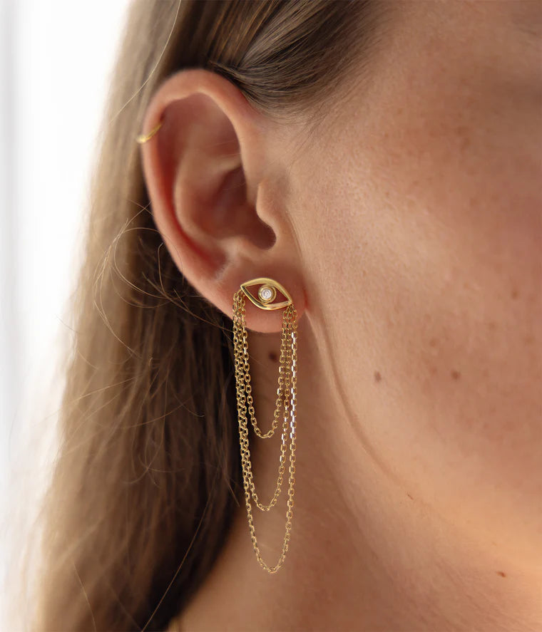 Boucles d’oreilles Spica ZAG en acier inoxydable doré avec œil protecteur et chaînes