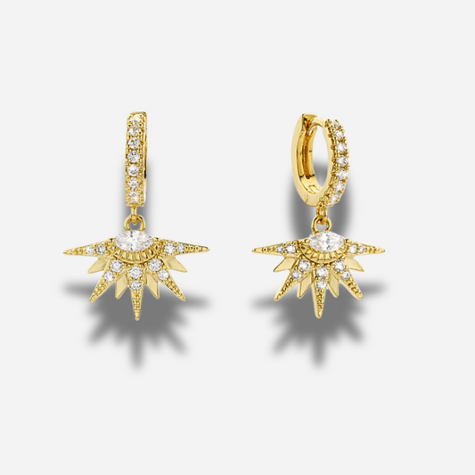 Boucles d’oreilles Sunrise Mya Bay en forme de soleil doré serti de strass