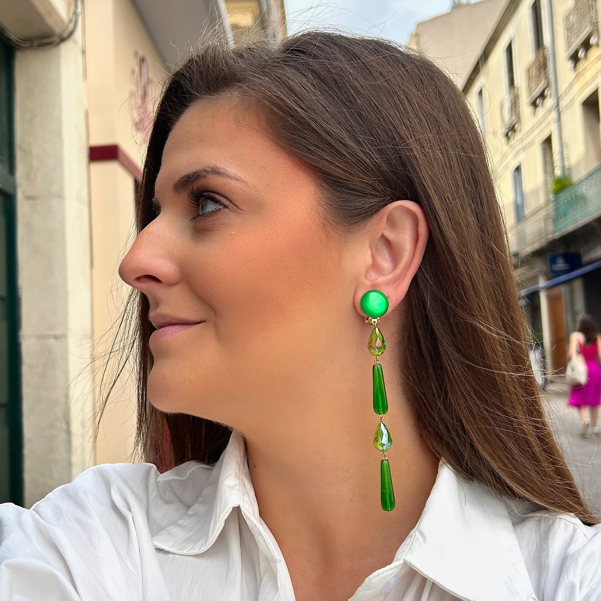 Boucles d’oreilles Suzanne Vert XL longues vertes Francine Bramli Paris
