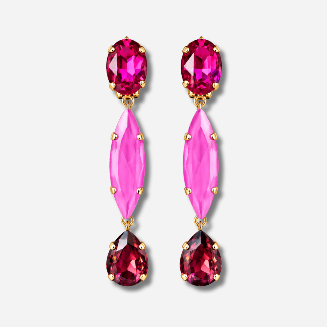 Boucles d’oreilles Talia Orchidée Crézus à clips, cristaux facettés rose fuchsia, rose orchidée et grenat, montures dorées