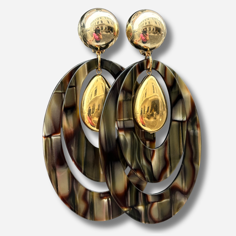 Boucles d'oreilles Tera XL Onyx Francine Bramli Paris ovales kaki brun et doré
