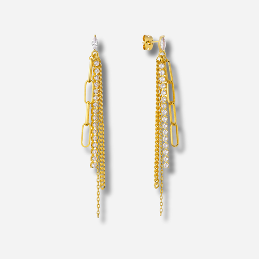 Boucles d’oreilles Venice Frame Mya Bay dorées avec chaînes et cristaux
