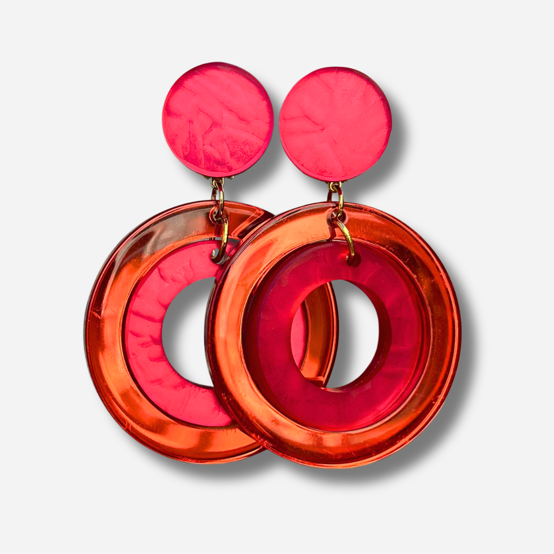 Boucles d’oreilles à clips Veronica Double Rouge Francine Bramli Paris, double anneau en résine translucide orange et rouge framboise – Divinity Sète