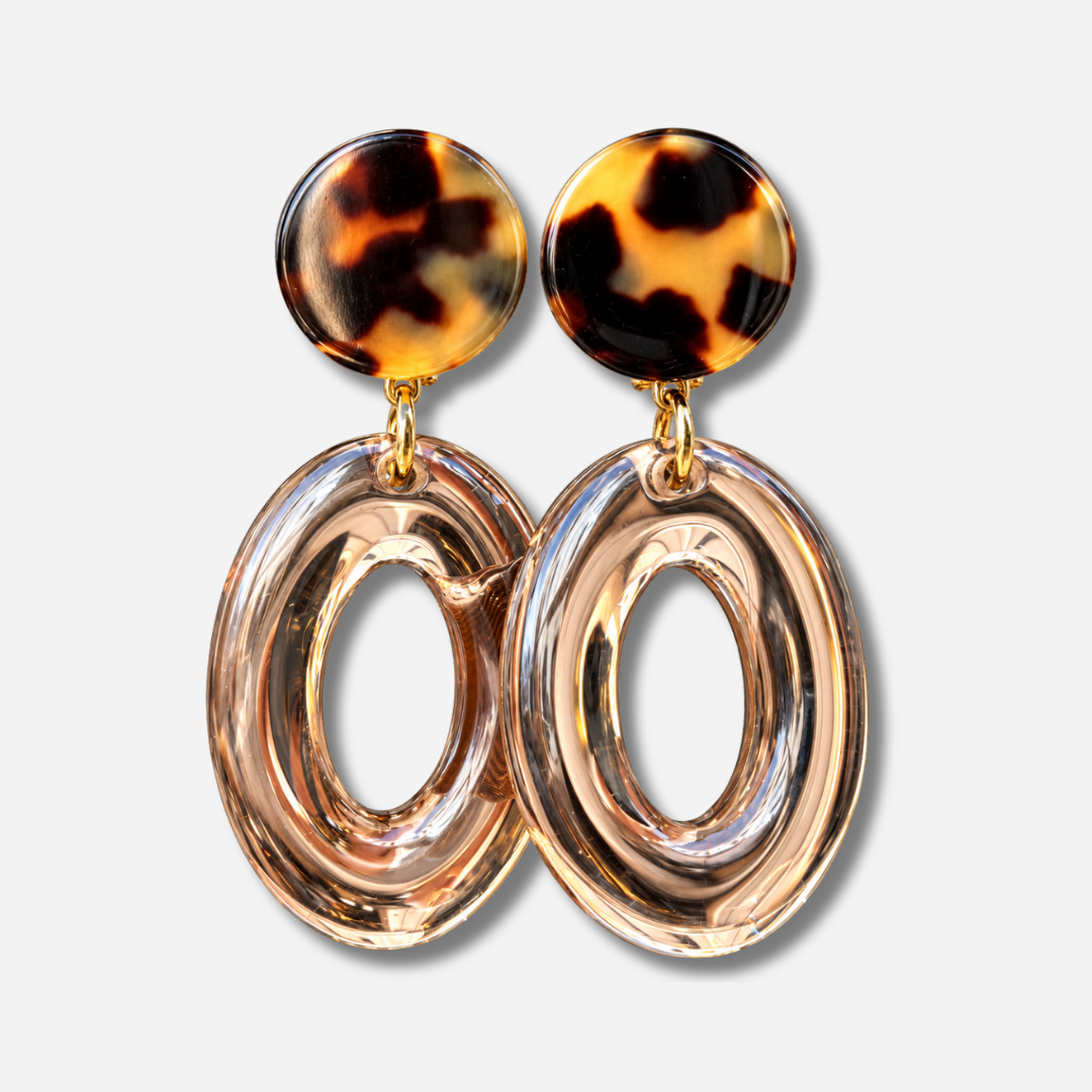 Boucles d’oreilles Vivas Champagne à clips Francine Bramli Paris, cabochons ronds effet écaille marron et ambre et grands anneaux ovales transparents champagne.