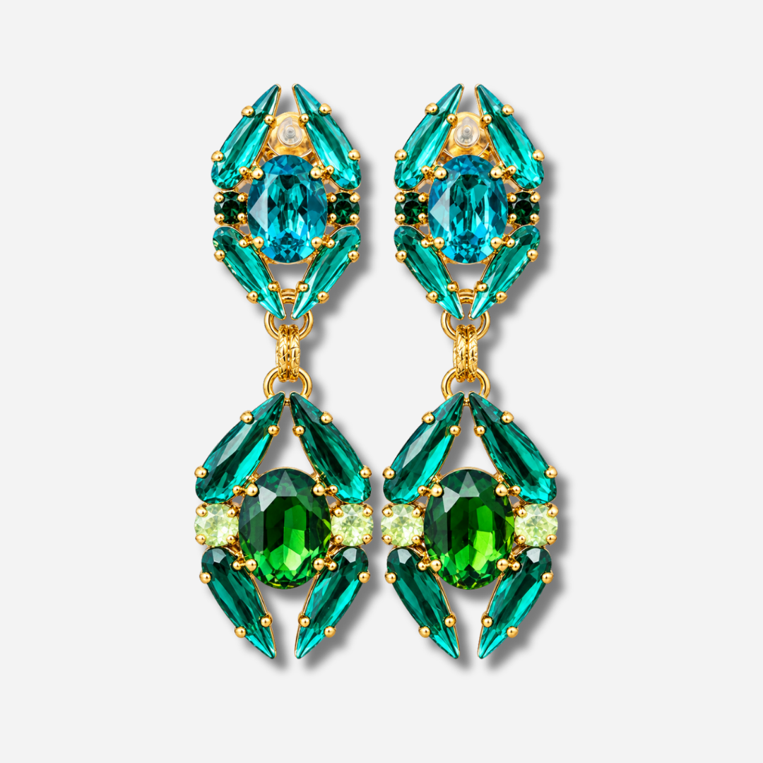 Boucles d’oreilles pendantes à clips Zénith Émeraude Crézus avec cristaux verts et turquoise, pierres ovales et navettes facettées, montures dorées – Divinity Sète