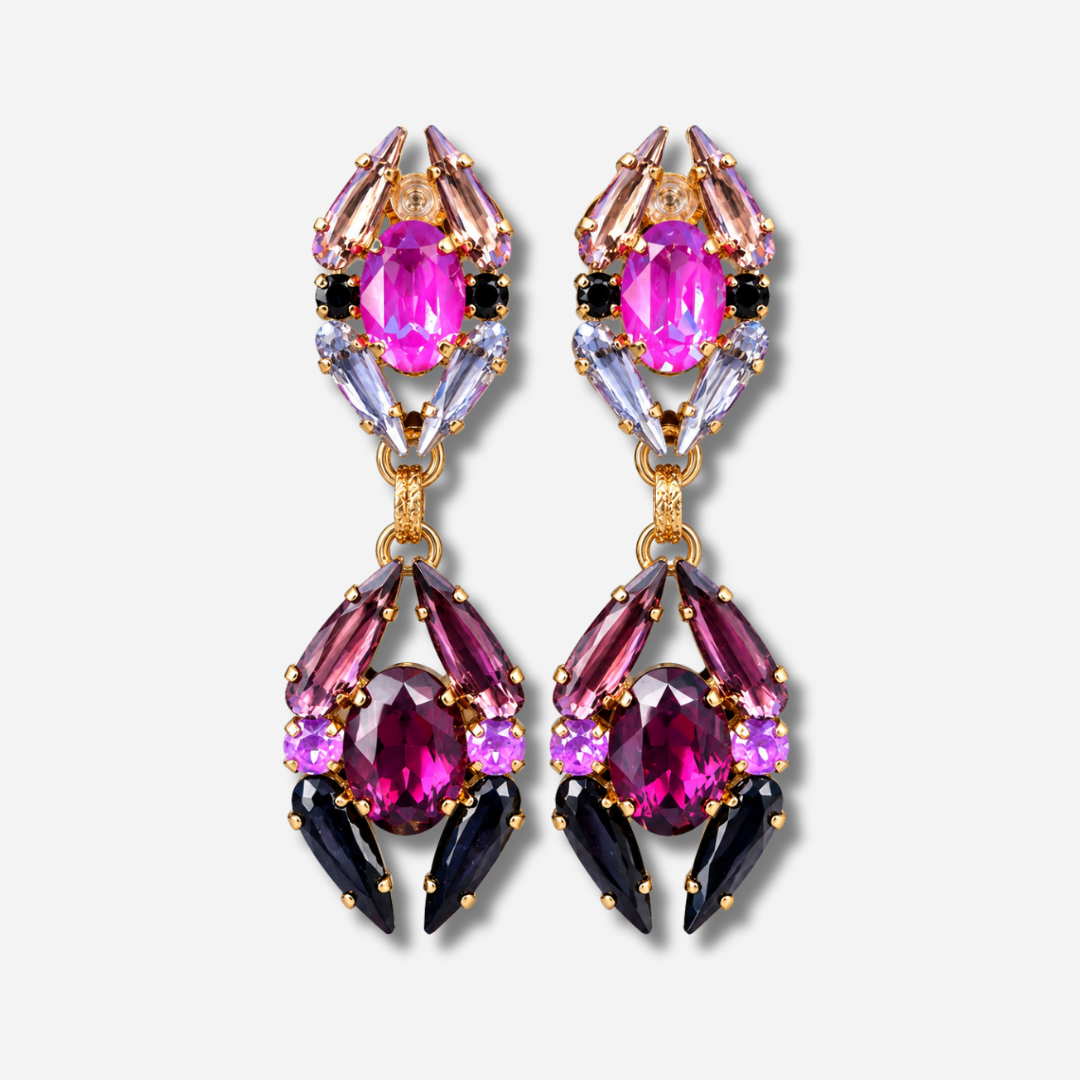 Boucles d’oreilles pendantes à clips Zénith Mûre Crézus avec cristaux rose fuchsia, prune, violets et noirs, pierres ovales et navettes sur montures dorées – Divinity Sète