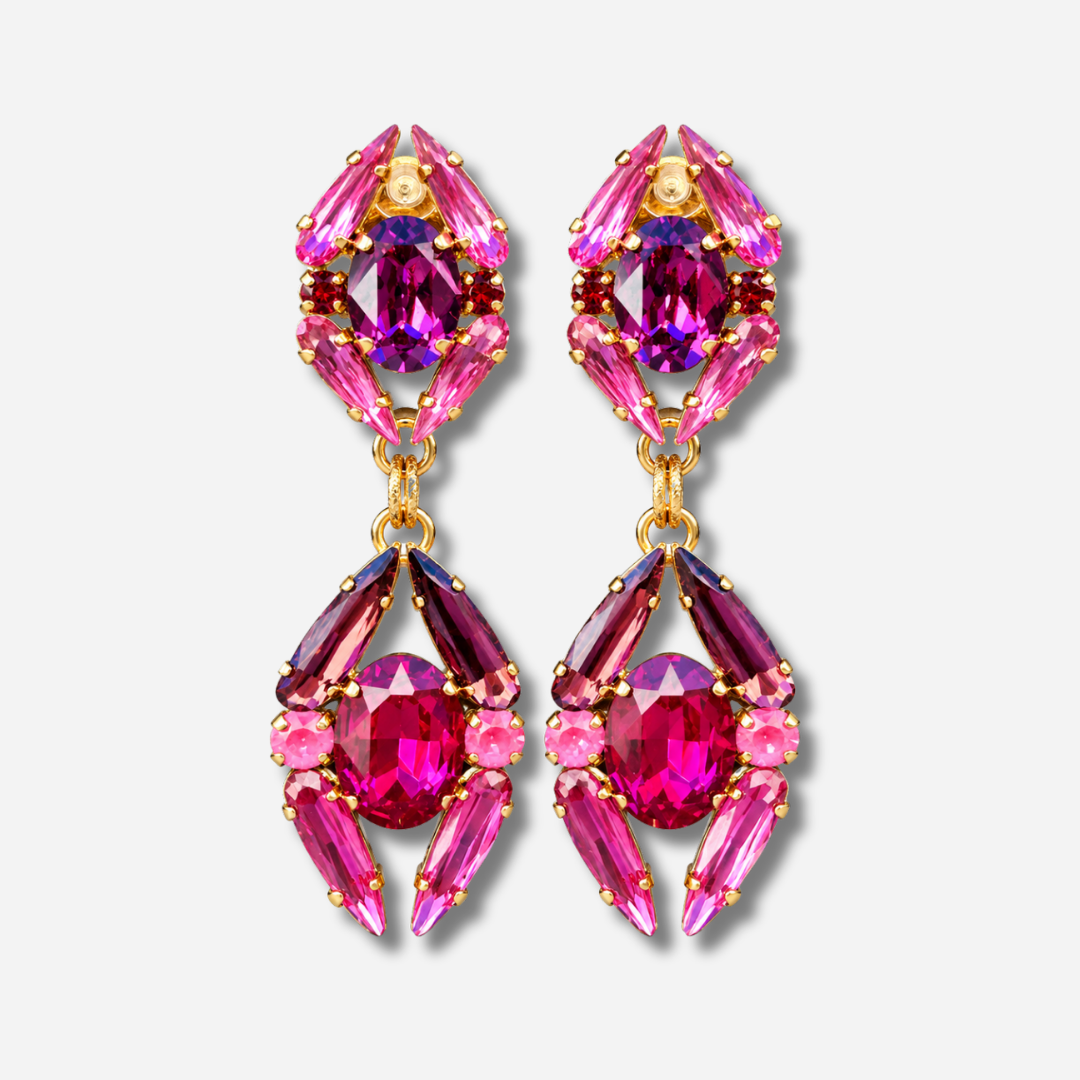 Boucles d’oreilles pendantes à clips Zénith Orchidée Crézus avec cristaux roses, fuchsia, violets et grenat, pierres ovales et navettes sur montures dorées – Divinity Sète