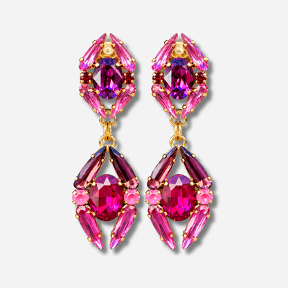 Boucles d’oreilles pendantes à clips Zénith Orchidée Crézus avec cristaux roses, fuchsia, violets et grenat, pierres ovales et navettes sur montures dorées – Divinity Sète