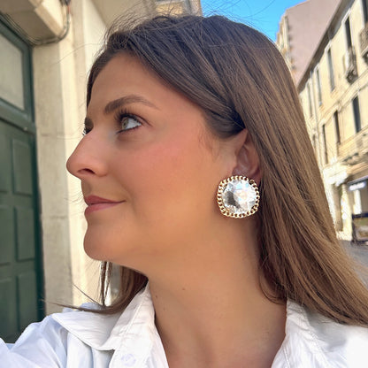 Boucles Rainball Adelaide Gold Francine Bramli Paris avec grand cristal transparent facetté et contour doré élégant.
