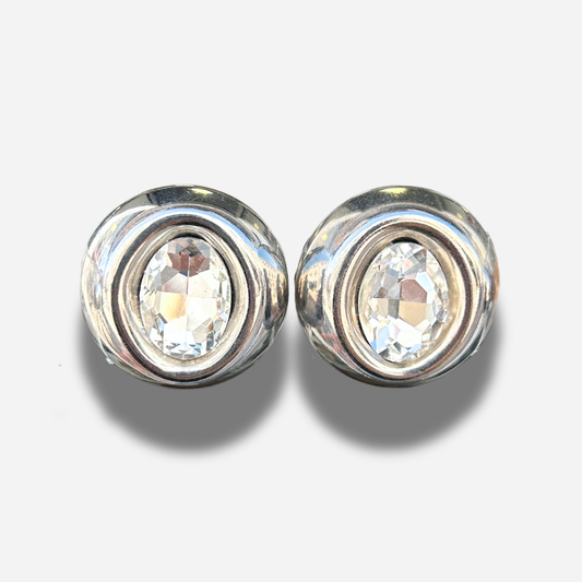 Boucles Rainball Diamond Silver Francine Bramli Paris avec cristal facetté transparent et monture argentée brillante.
