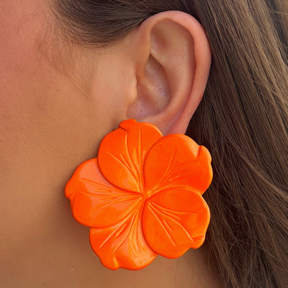 Boucles Rainball Fleur orange Francine Bramli Paris résine fleur XXL