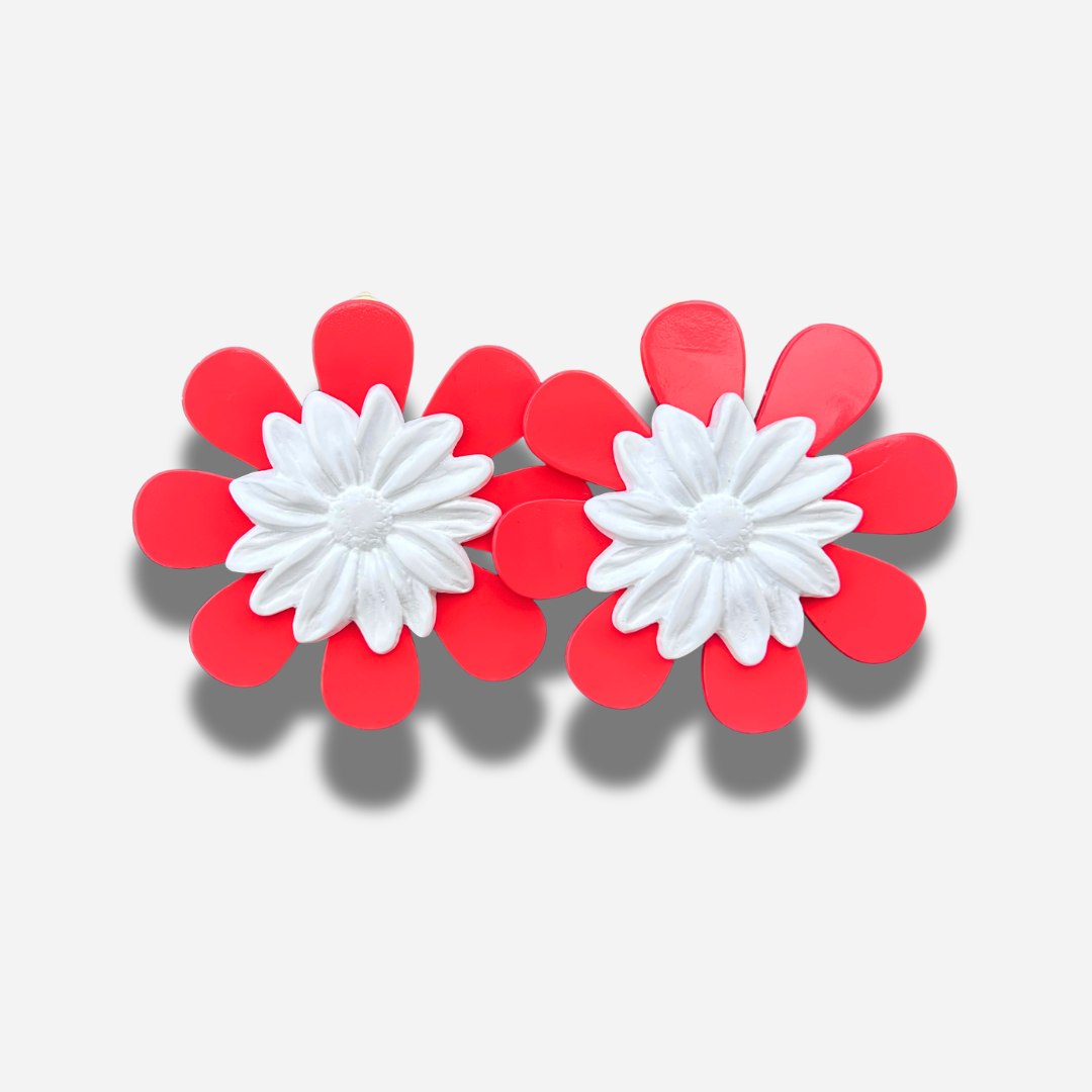 Boucles Rainball Fleur rouge Francine Bramli Paris résine fleur XXL rouge blanc