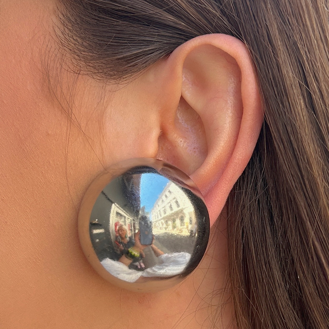 Boucles Rainball Silver XXL Francine Bramli Paris argent effet miroir grand format