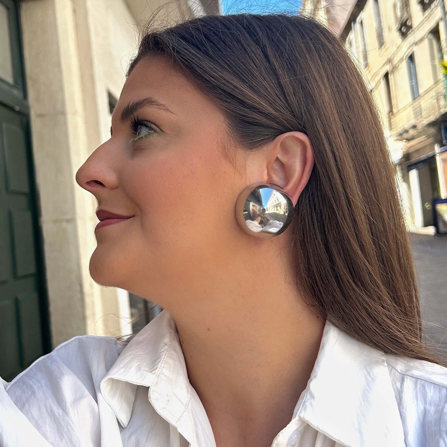 Boucles Rainball Silver XXL Francine Bramli Paris argent effet miroir grand format