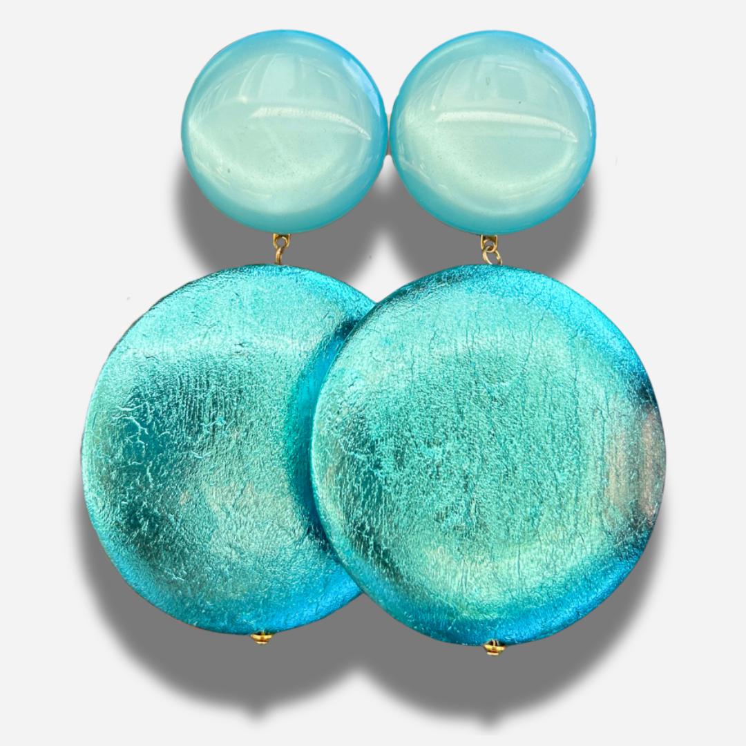 Boucles Rétro Turquoise Francine Bramli Paris bleu métallisé portées