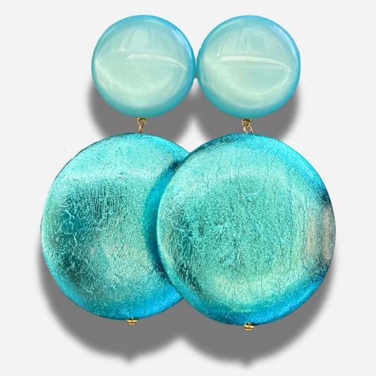 Boucles Rétro Turquoise Francine Bramli Paris bleu métallisé portées