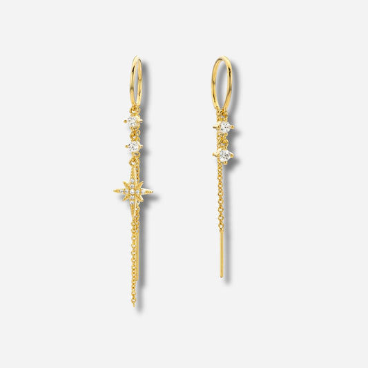 Boucles d’oreilles Rialto Mya Bay dorées avec étoile pavée et chaîne pendante