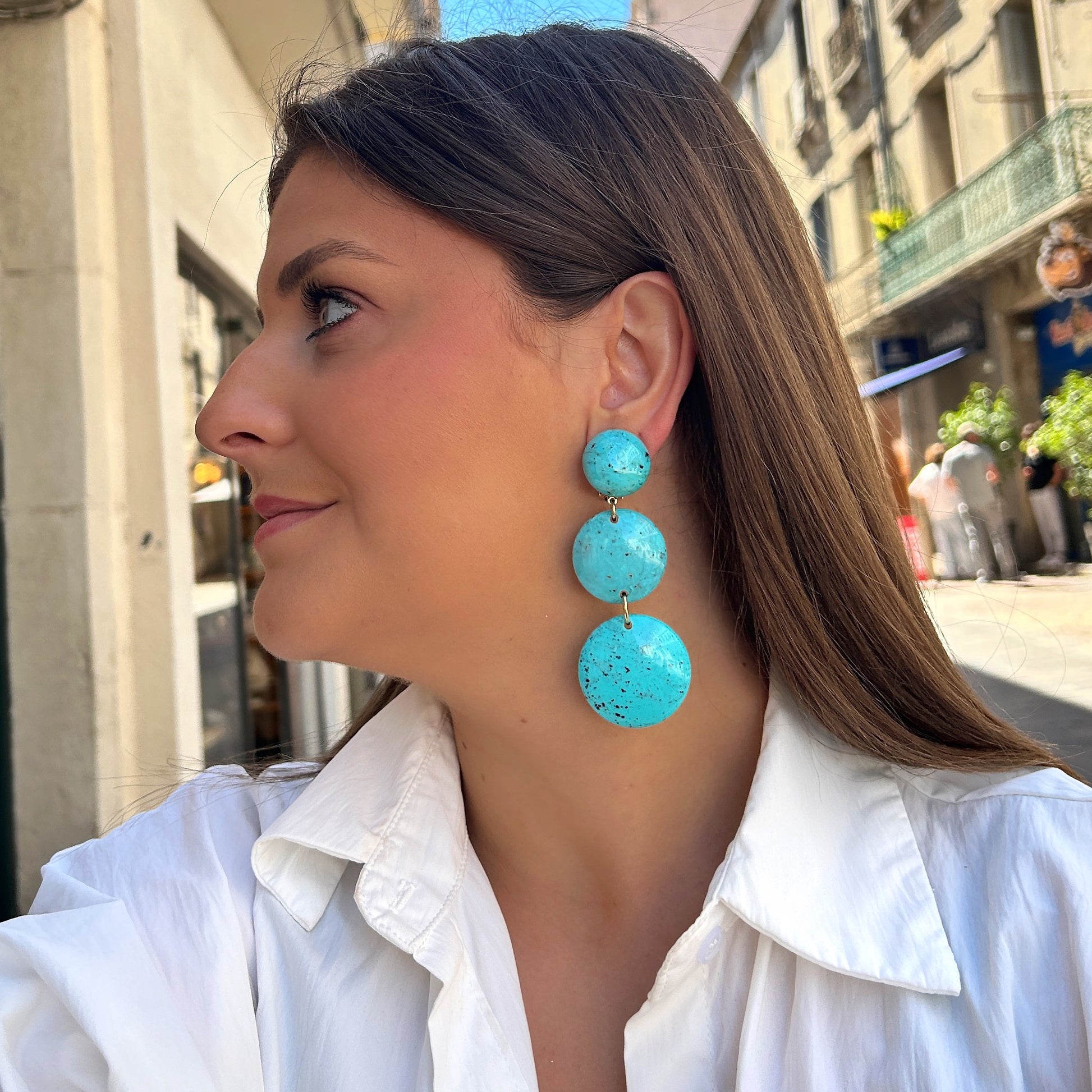 Boucles Salsa Longues Turquoise Francine Bramli Paris effet minéral chez Divinity Sète