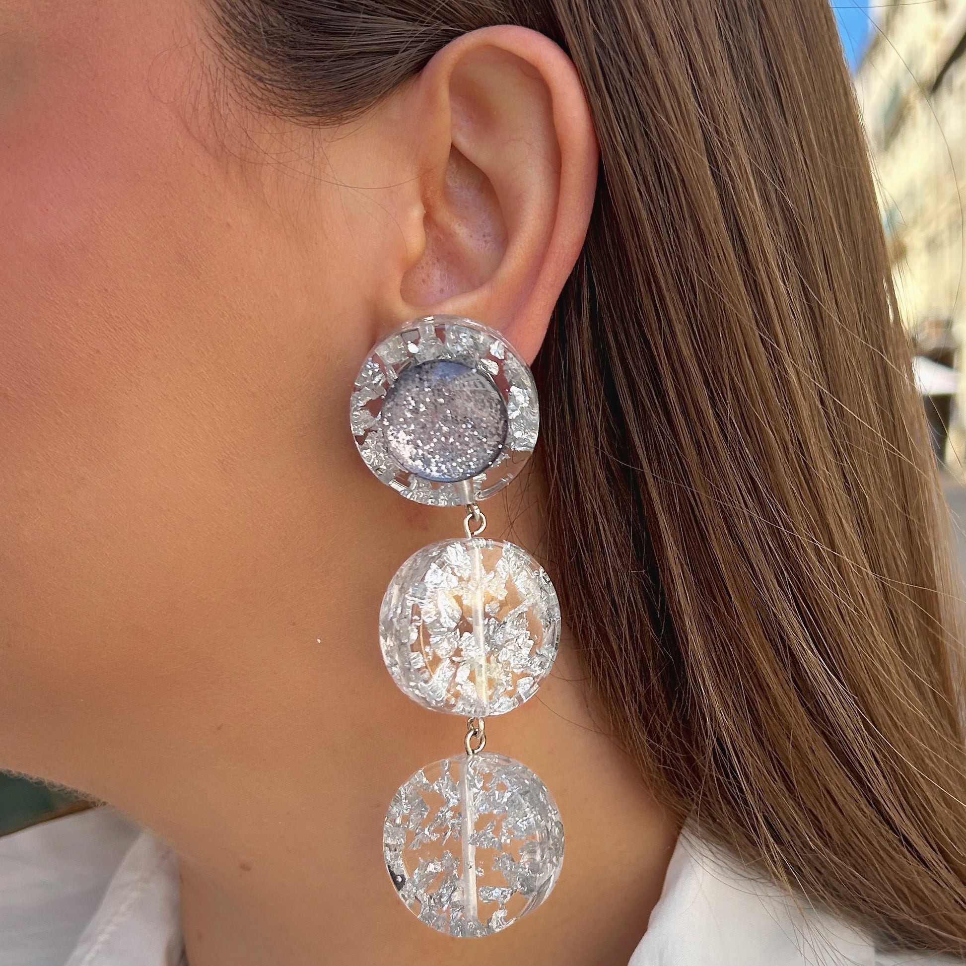 Boucles Silver Paillettes Trio Francine Bramli Paris à clip