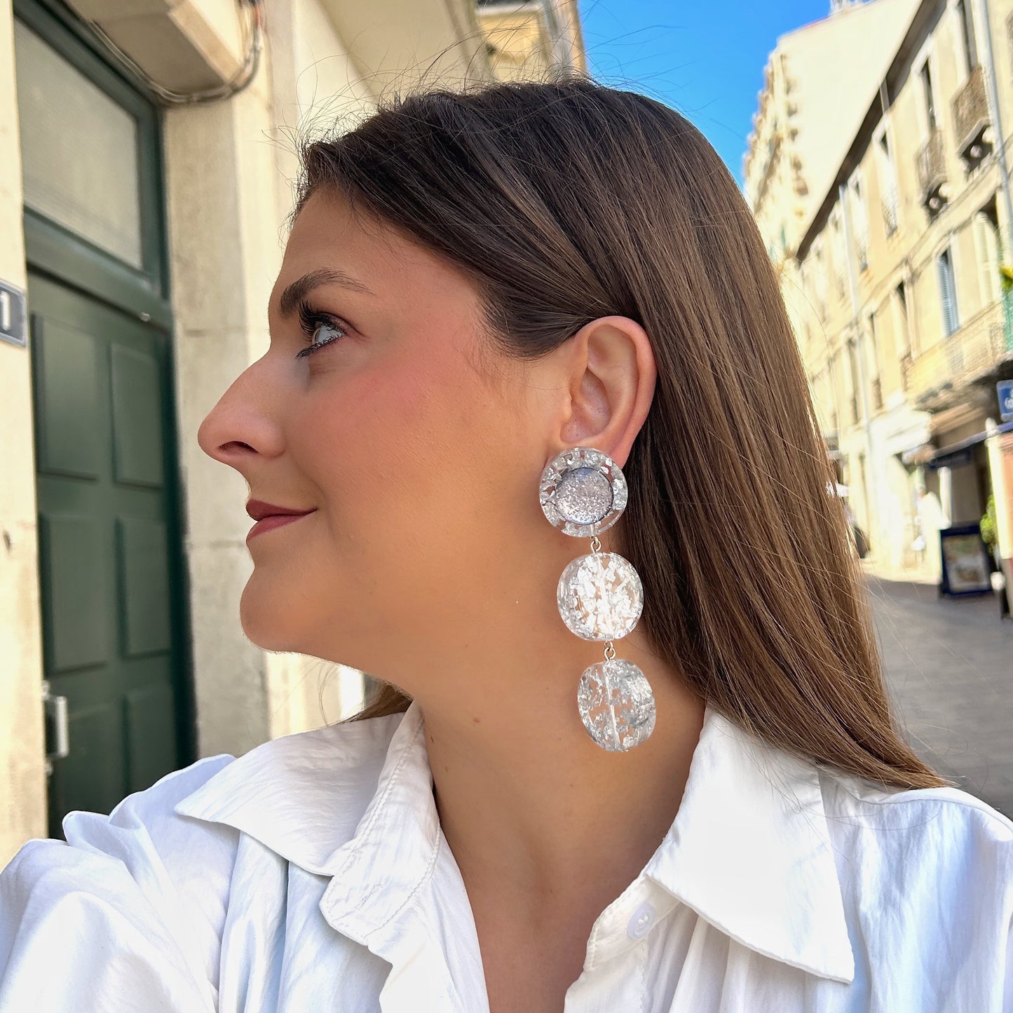 Boucles Silver Paillettes Trio Francine Bramli Paris à clip