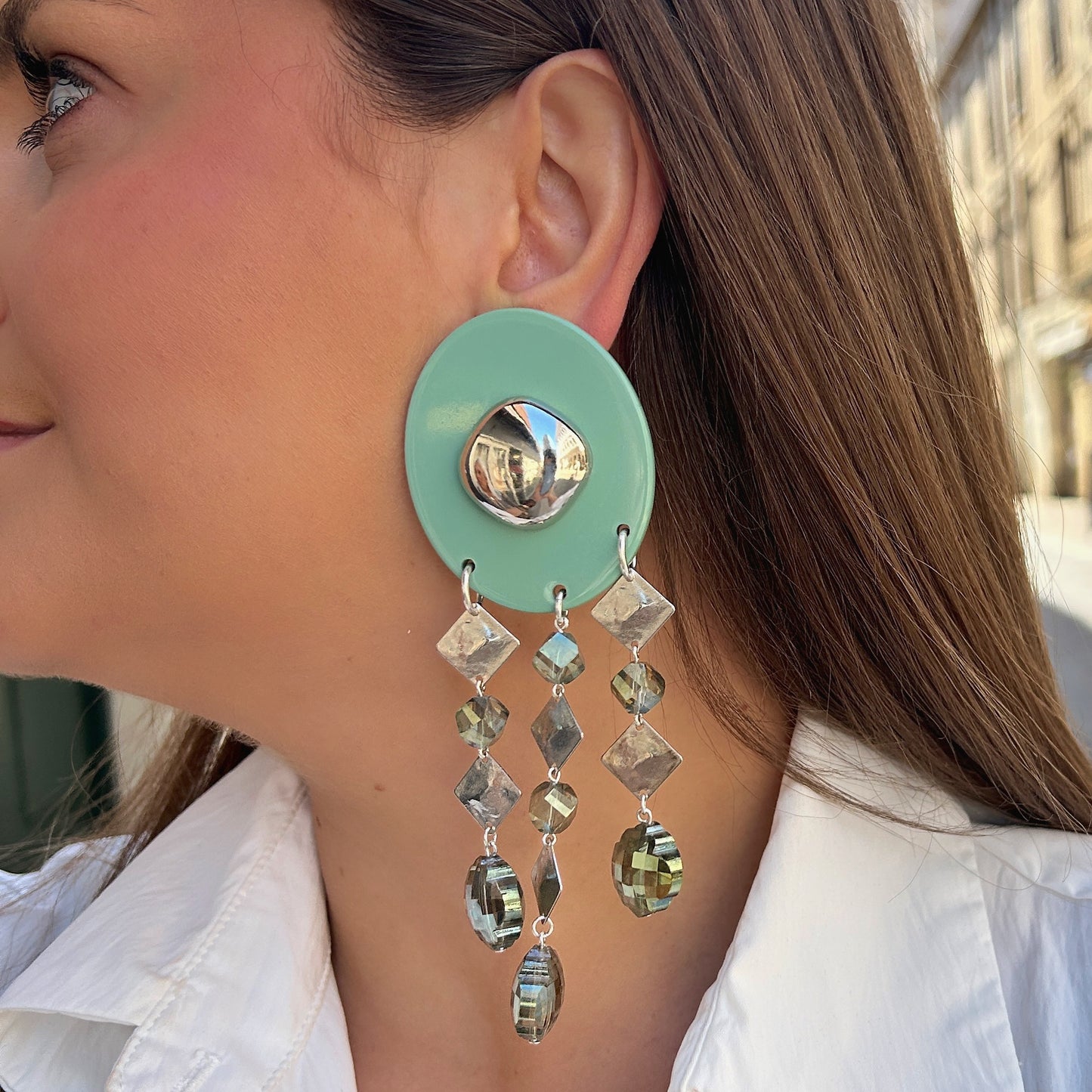 Boucles vert d’eau argent Francine Bramli Paris pampilles
