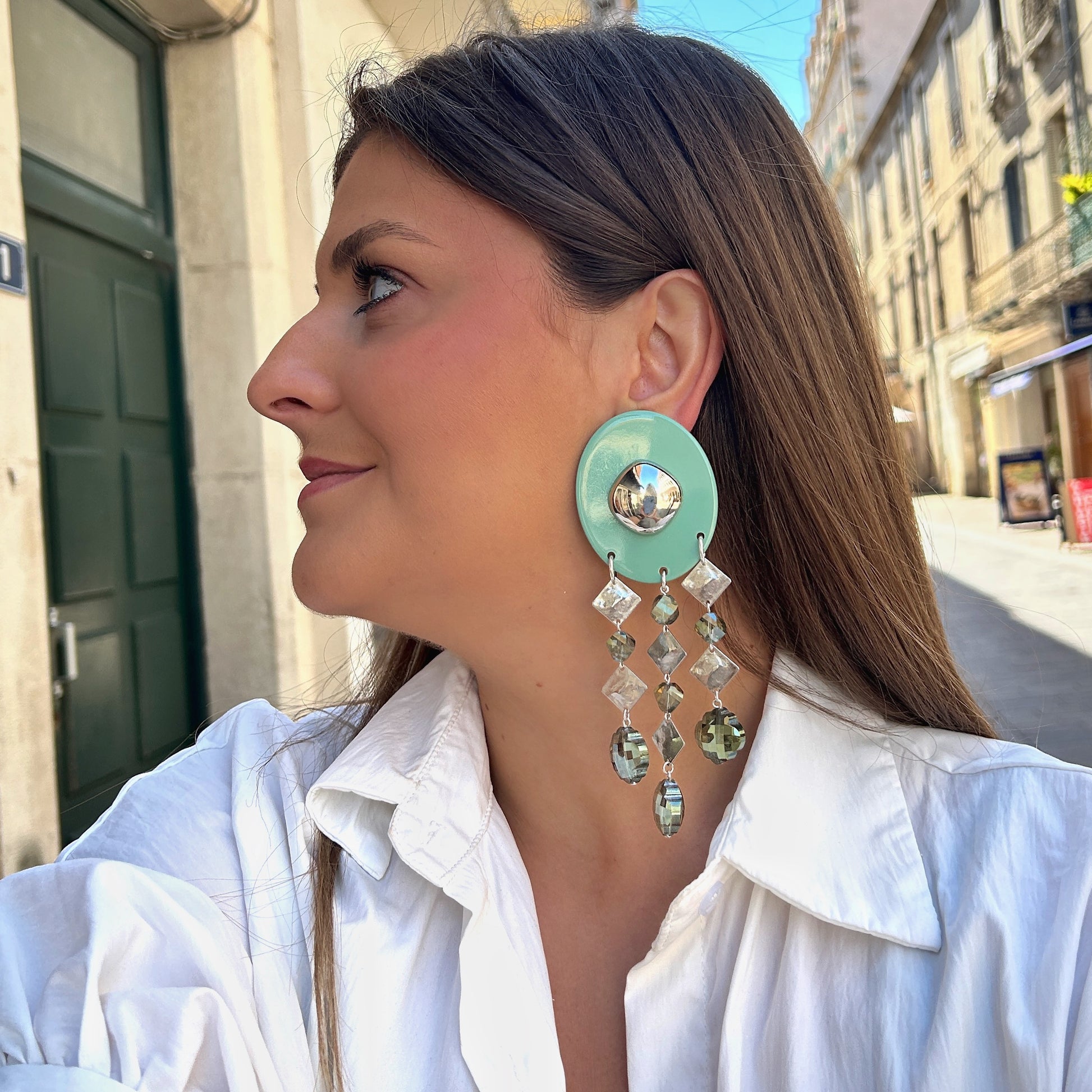 Boucles vert d’eau argent Francine Bramli Paris pampilles